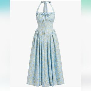 Light Blue Floral Halter Midi Dress Size XL
